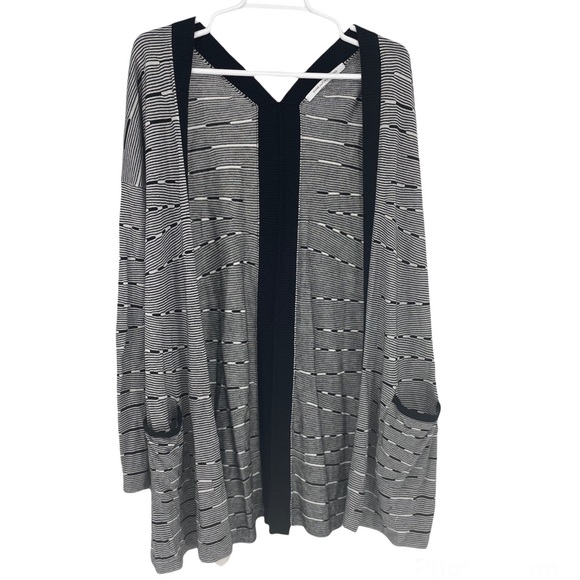 DIANE VON FURTSENBERG BLACK WHITE LONG KNIT LINE CARDIGAN SWEATER POCKETS - Picture 2 of 6